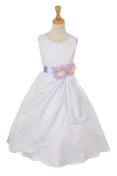 ivory dress with lilac flower sash