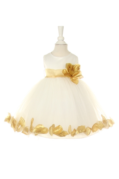 ivory baby flower girl dress with gold petals and sash