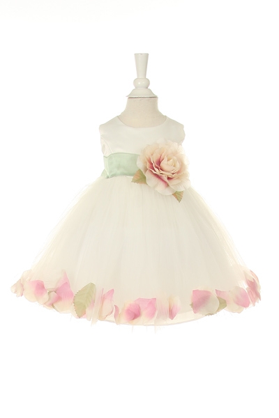 ivory baby flower girl dress with peach petals and sash