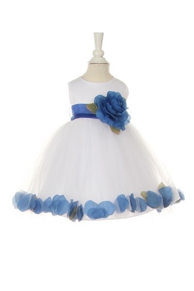 white  baby flower girl dress with royal blue petals and sash