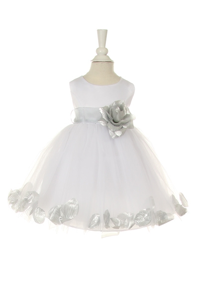 white  baby flower girl dress with silver petals and sash
