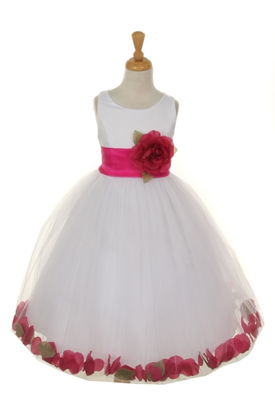 white flower girl dress with fuchsia petals and sash
