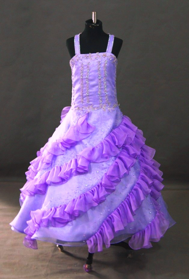 Purple Satin pageant dress with ruffled skirt