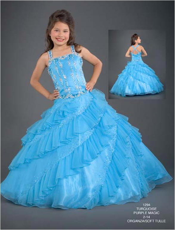 blue satin pageant dress with ruffled skirt