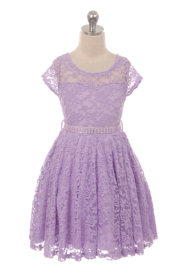 Lace skater lilac dress with stone belt.  Cap sleeve floral lace dress with stone belt.
