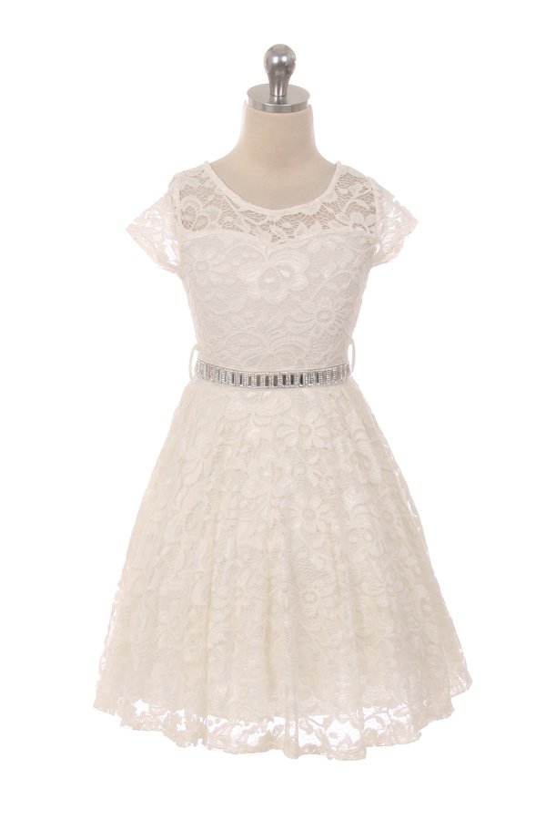 Off white cap sleeve floral lace dress with stone belt.