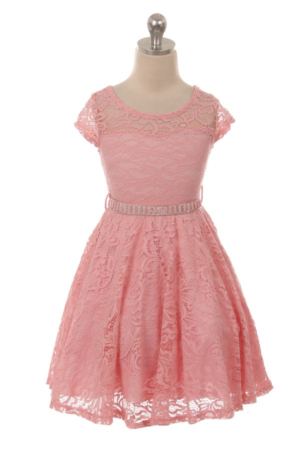 Lace skater rose dress with stone belt.  Cap sleeve floral lace dress with stone belt.