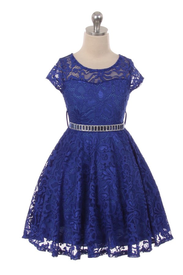 Lace skater royal dress with stone belt.  Cap sleeve floral lace dress with stone belt.