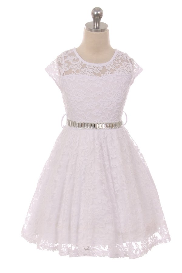 Lace skater dress with stone belt.  Cap sleeve floral lace dress with stone belt.