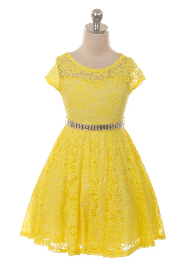Lace skater yellow dress with stone belt.  Cap sleeve floral lace dress with stone belt.