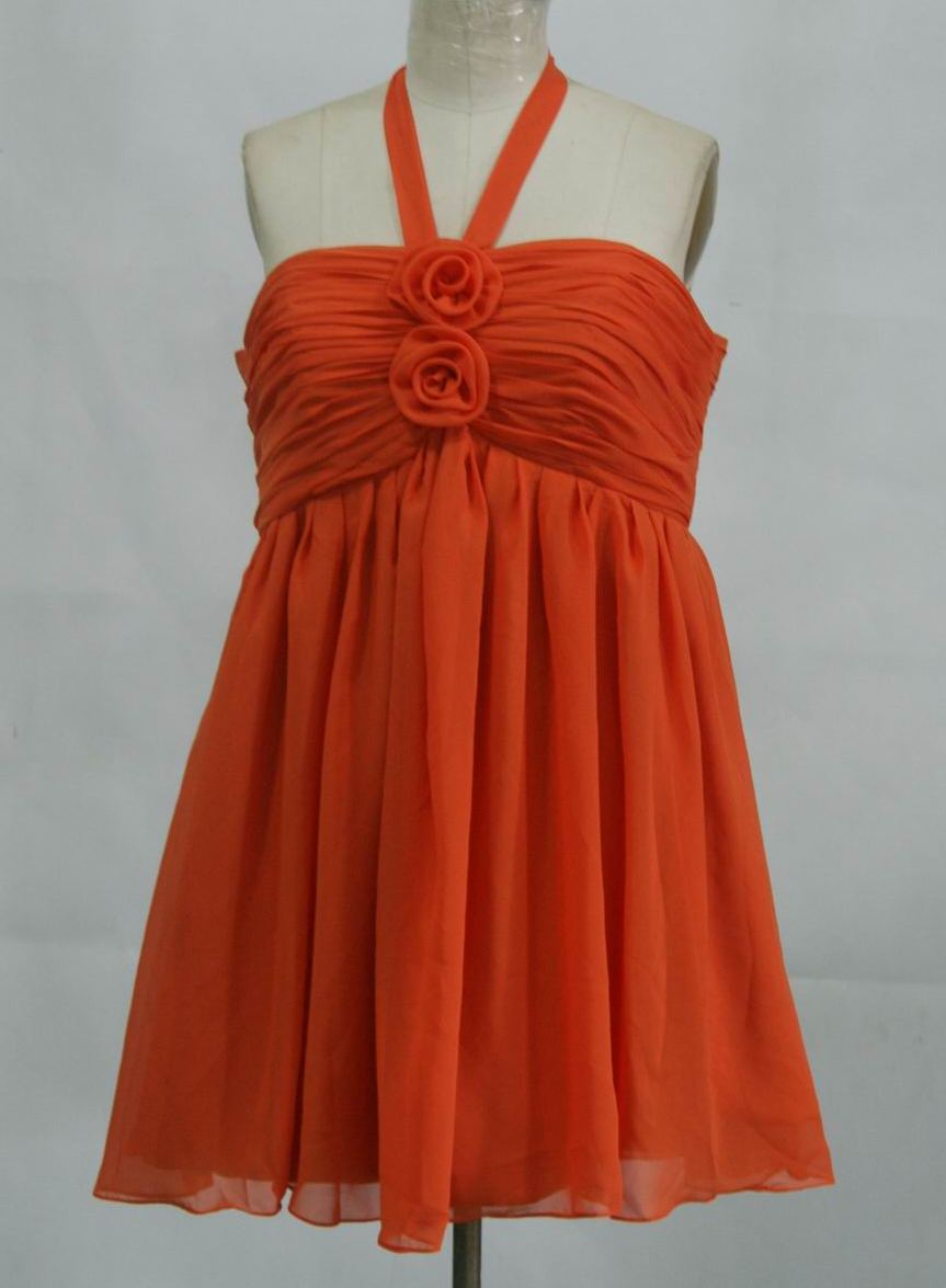 orange chiffon knee length halter dress