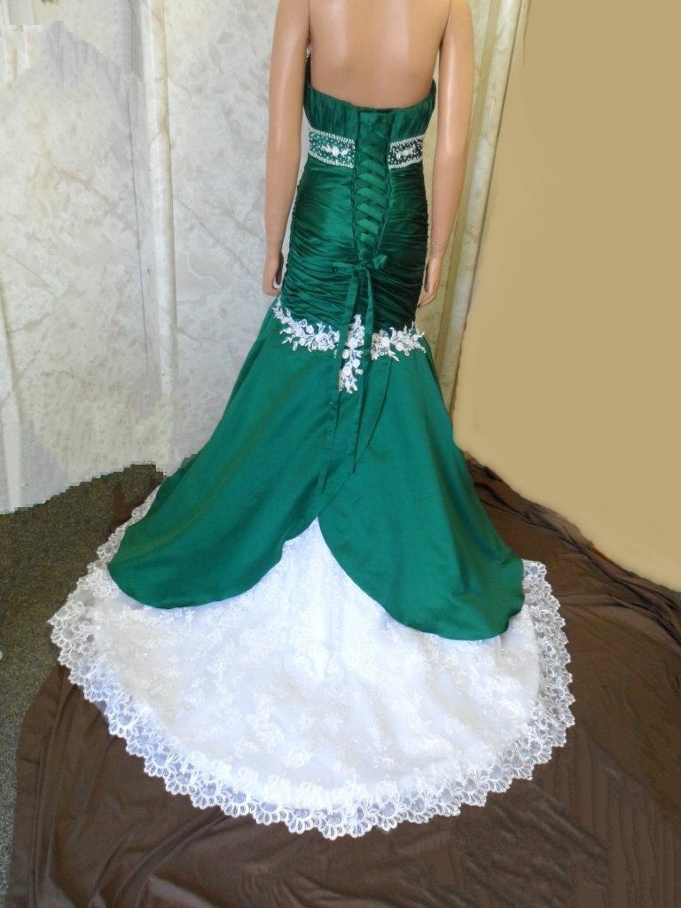 emerald green and white gown
