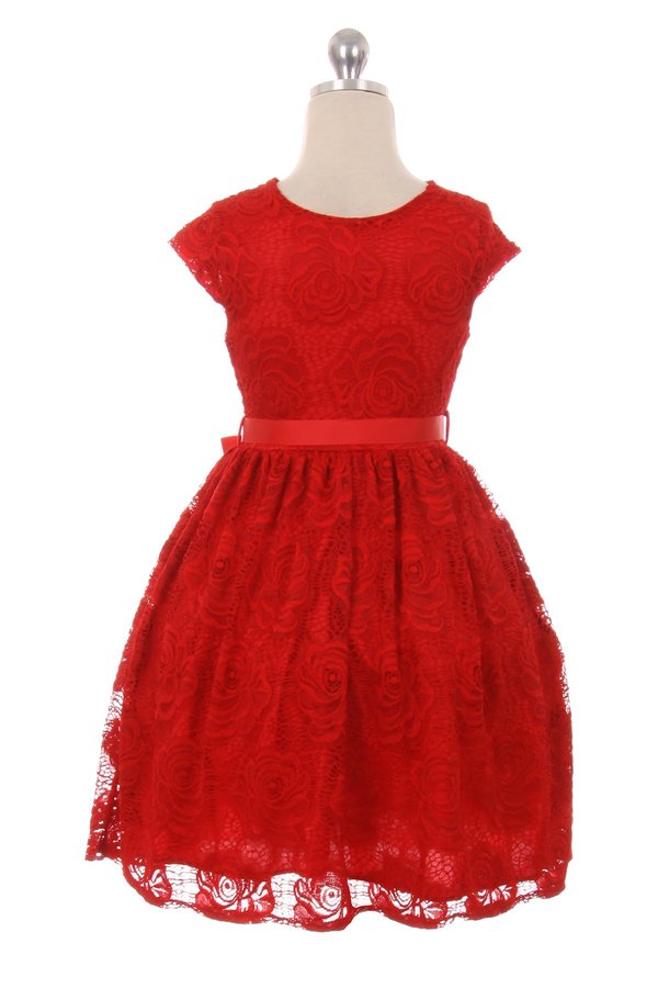 Flower border stretch lace dress with belt.