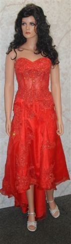 red see through corset gown with hi-low hemline
