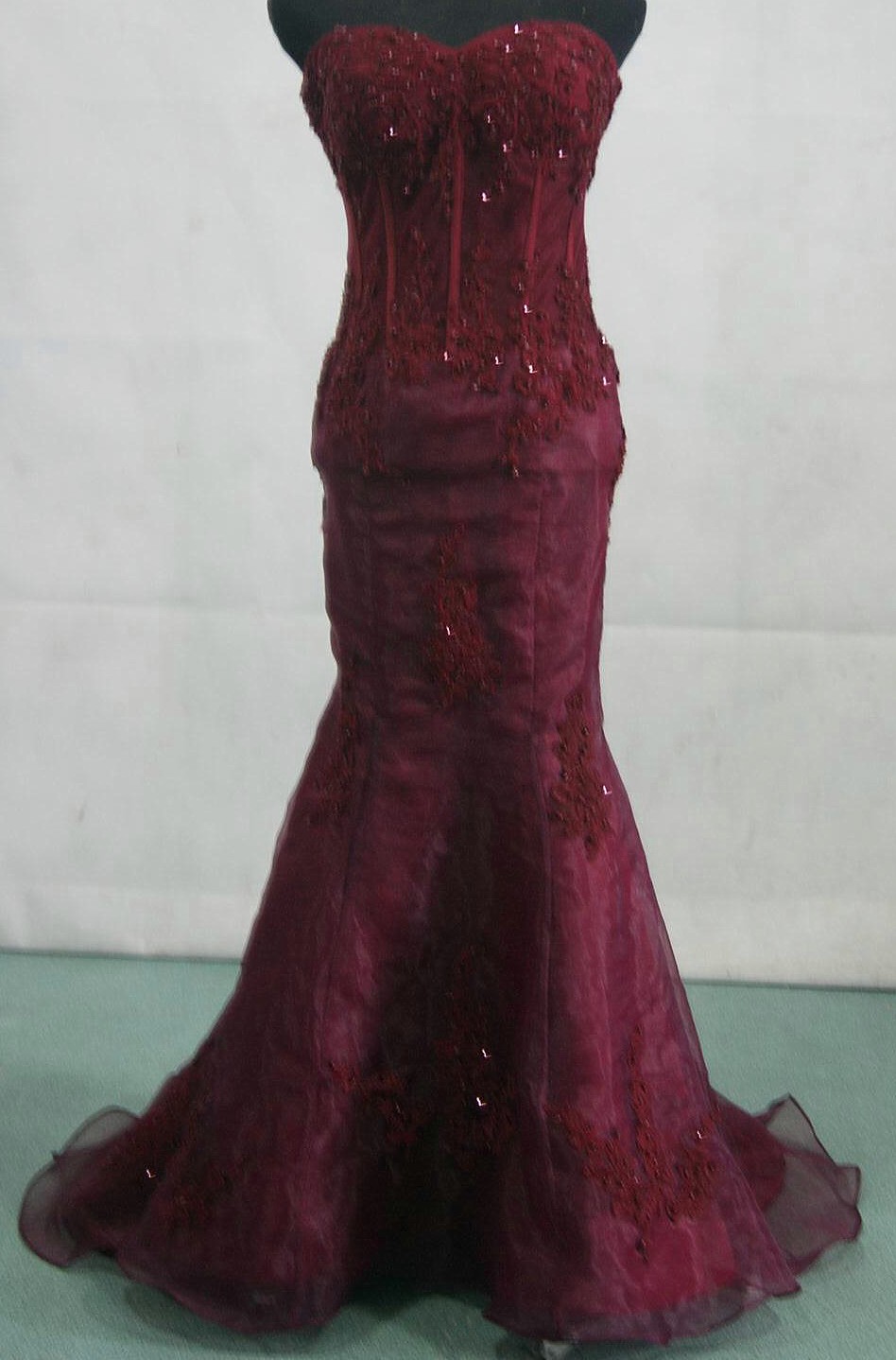 burgundy see through corset prom dress
