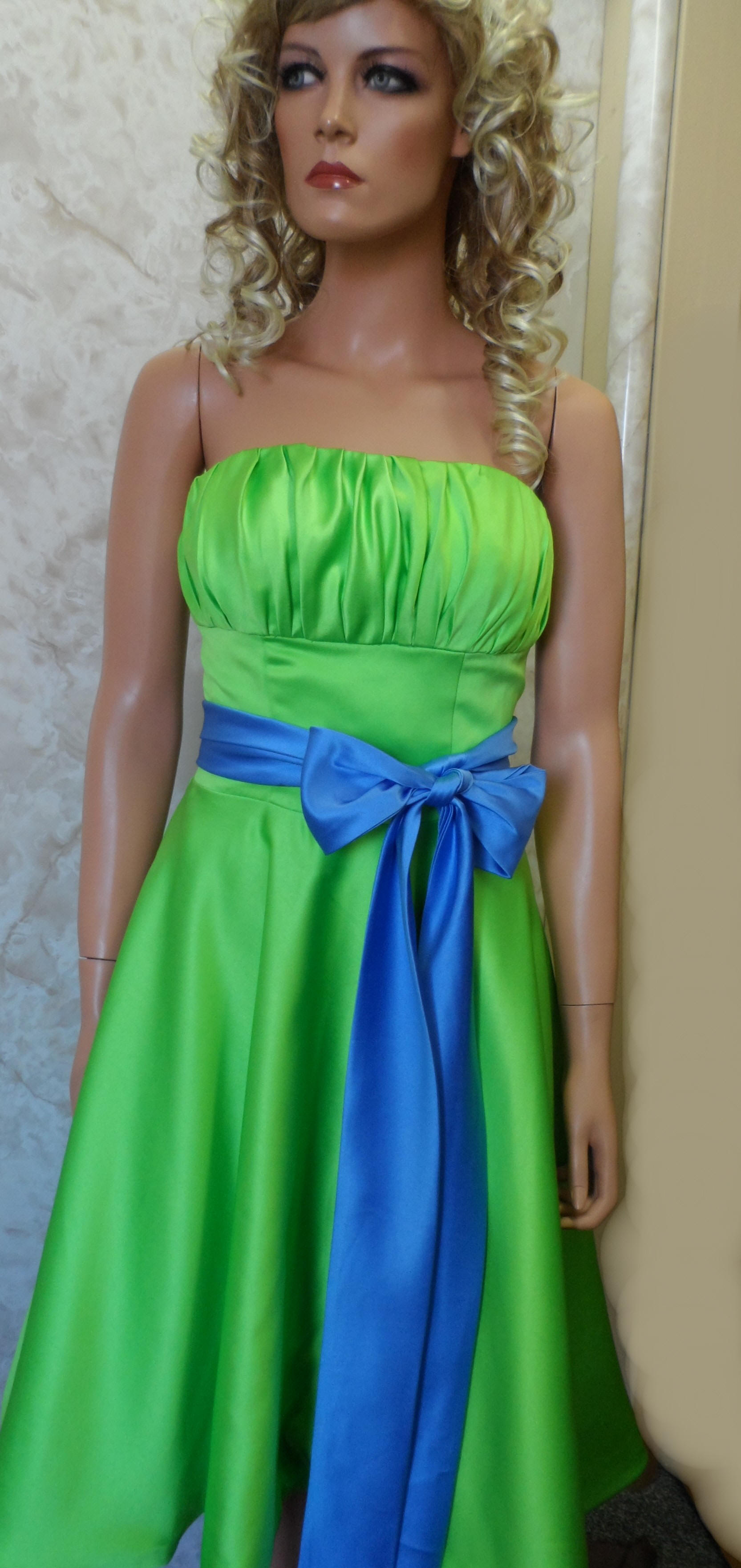 Lime green strapless dress with blue sash