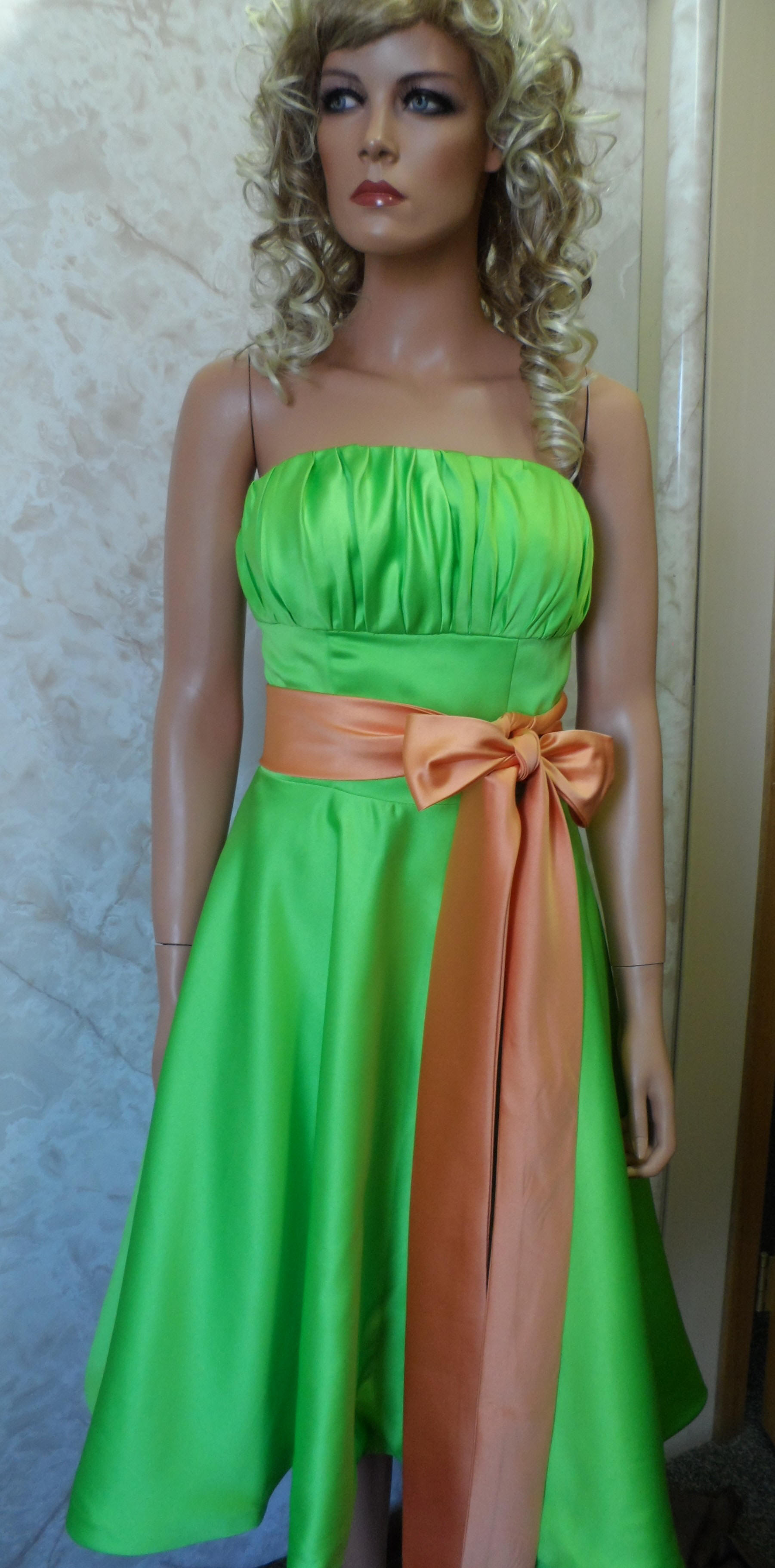 Lime green strapless dress with pumpkin sash