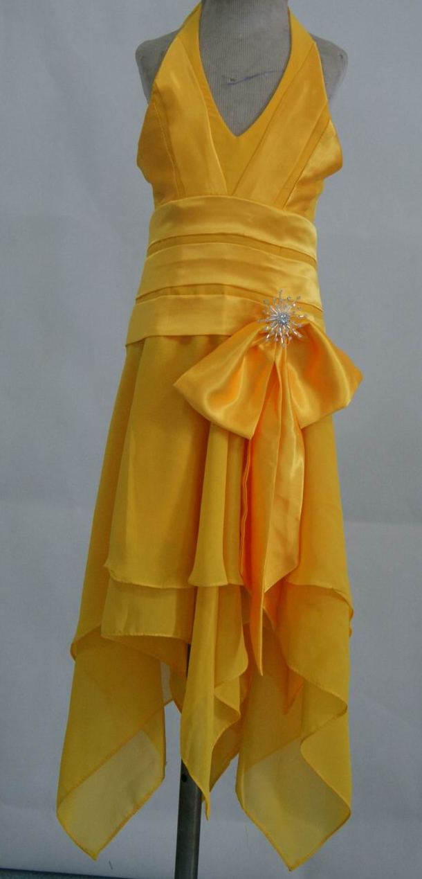 yellow halter dress with hi low handkerchief hem