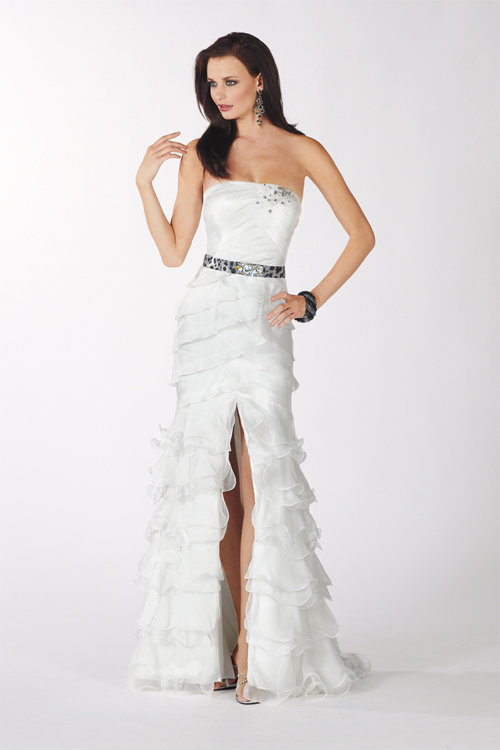 Long layered ruffle prom dress with slit skirt