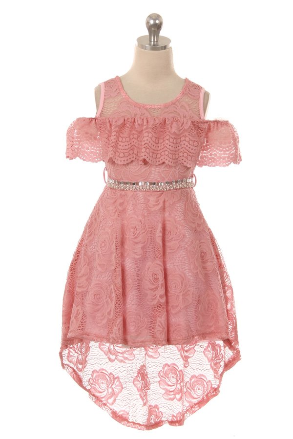 rose high-low dress with floral lace overlay and cold shoulders and a jeweled belt. 