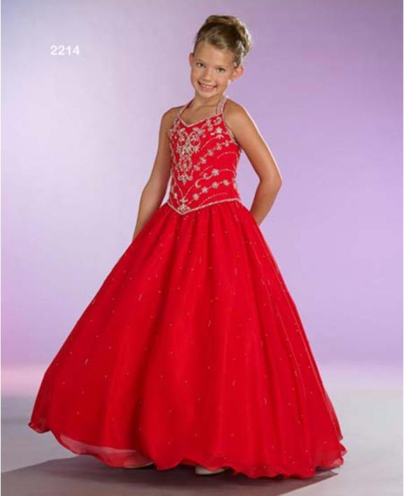 floor length red halter Little Girl Pageant Dress