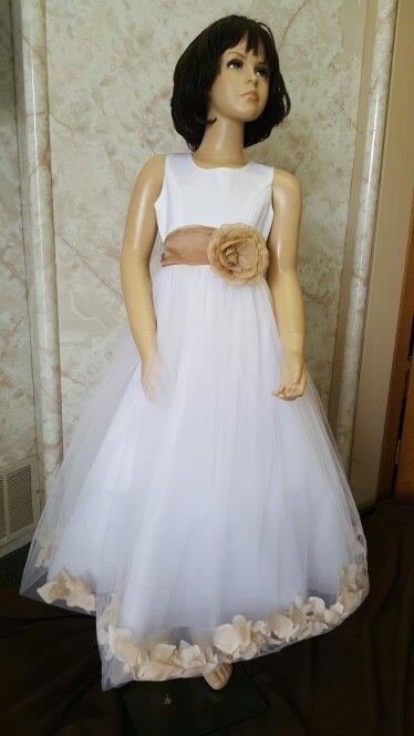 white and taupe Cheap petal flower girl dresses