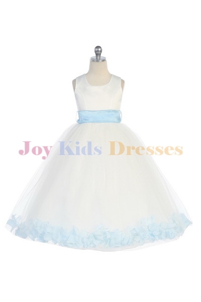 Long white flower girl dresses with blue petals