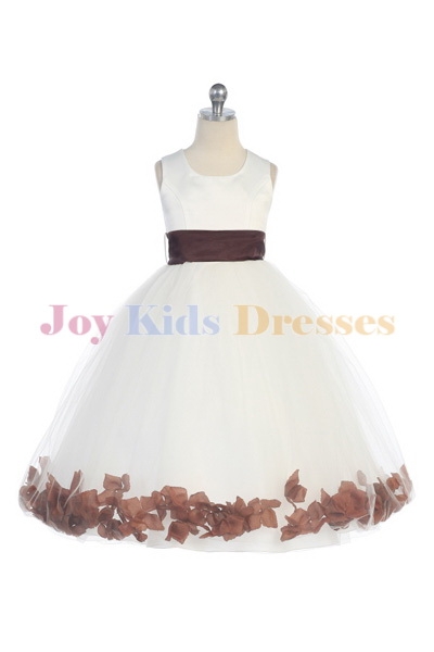 Long white flower girl dresses with brown petals