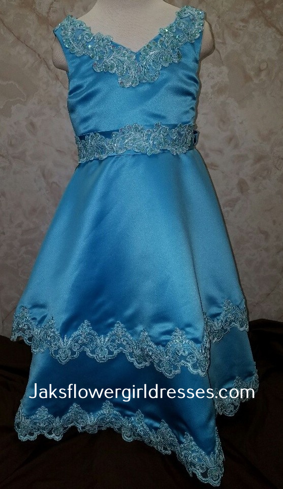 Beautiful blue flower girl dress with lace trim