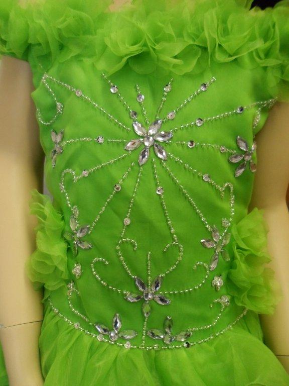 Lime green pageant dress with silver beaded embroidery