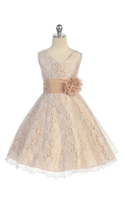 girls taupe lace dresses