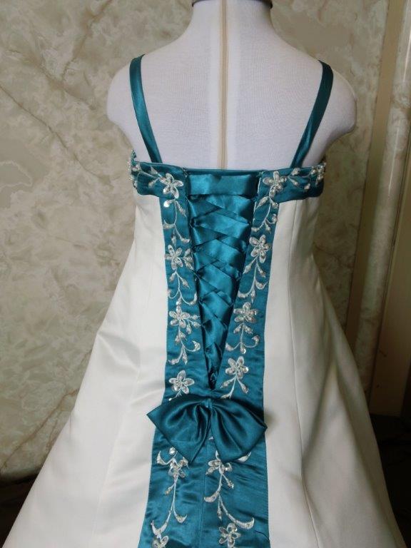 Light ivory and turquoise flower girl dress