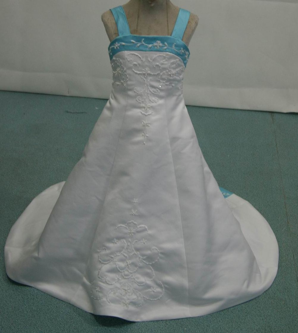 White miniature wedding gown with pool blue trim