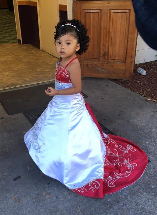 red and white flower girl dress with train