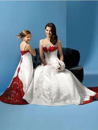 Red and white Bride and Matching miniature bride dresses 