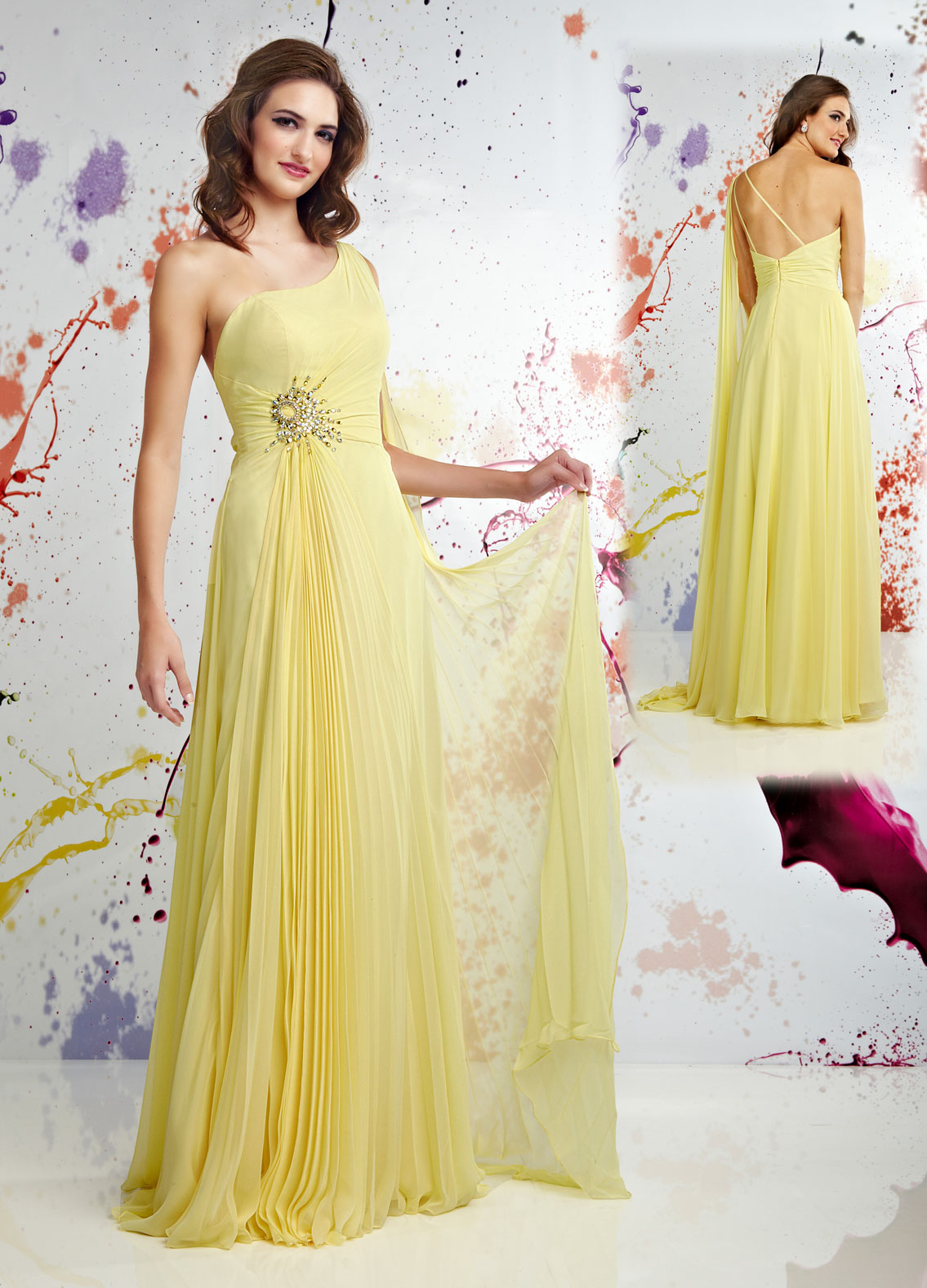 yellow one shoulder prom gown