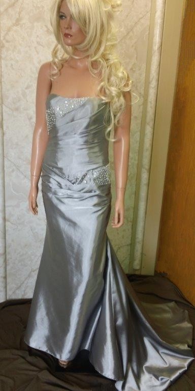 silver strapless fish tail prom dress
