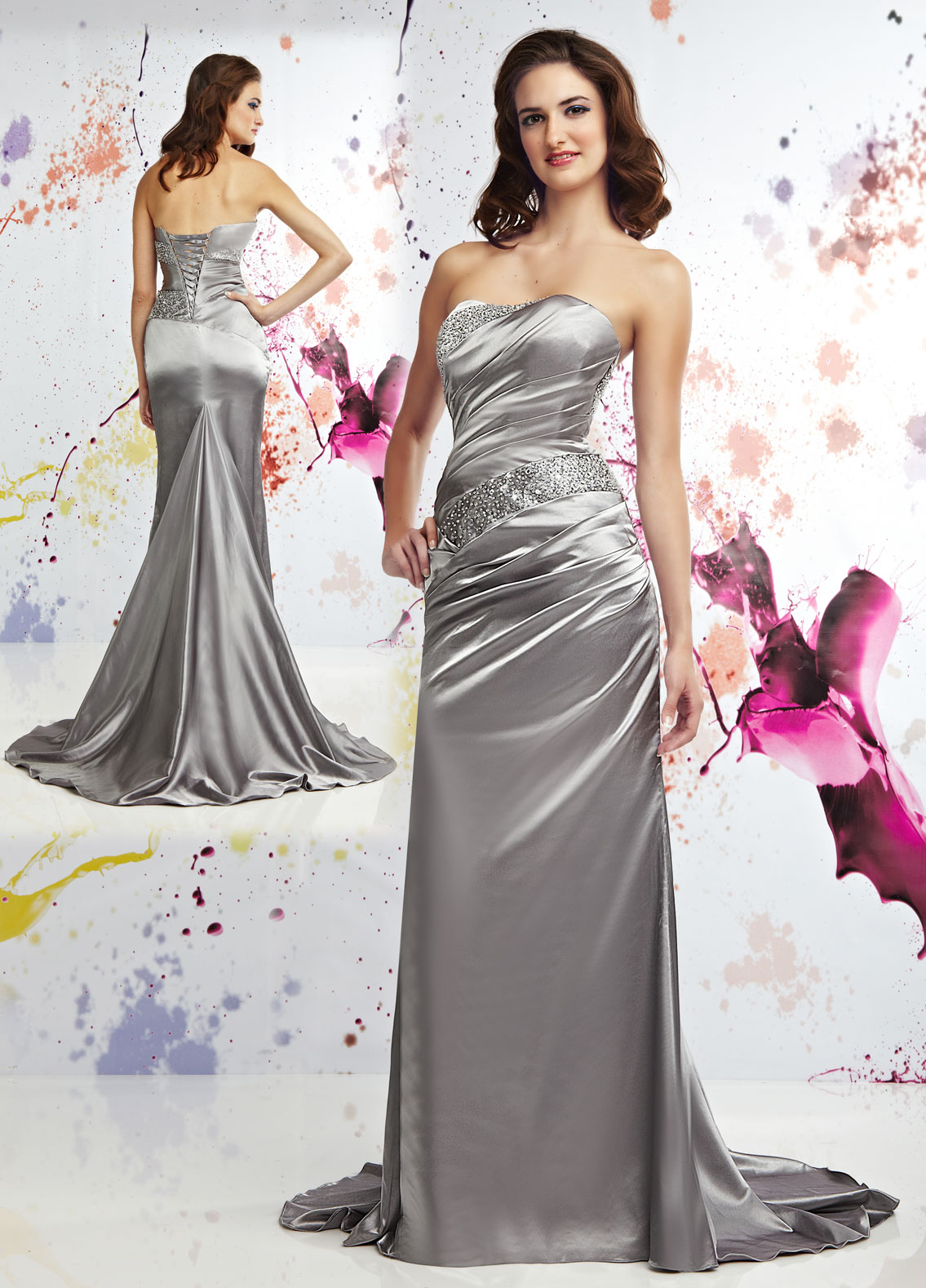 platinum strapless fish tail prom dress