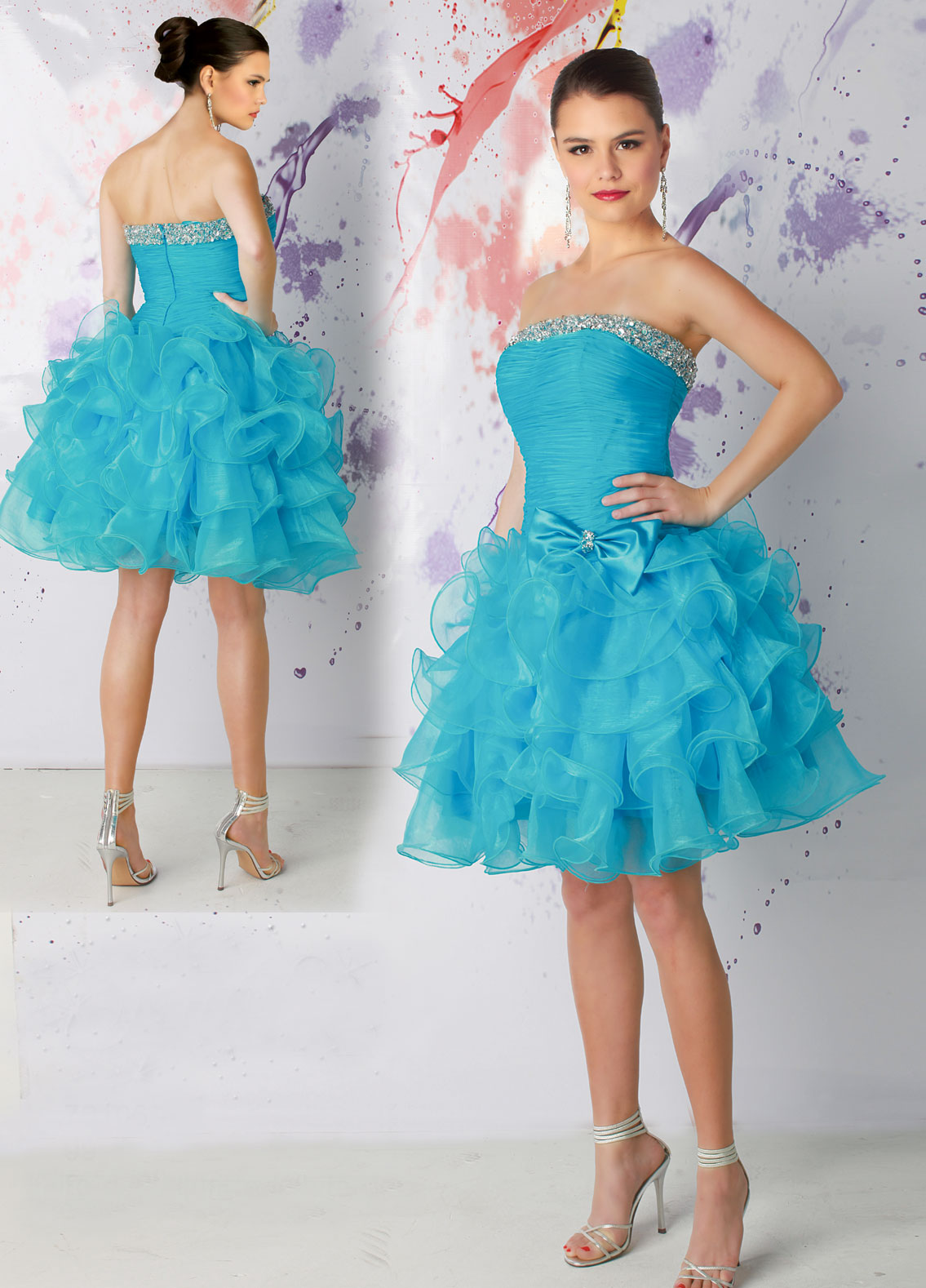 blue organza short prom dress