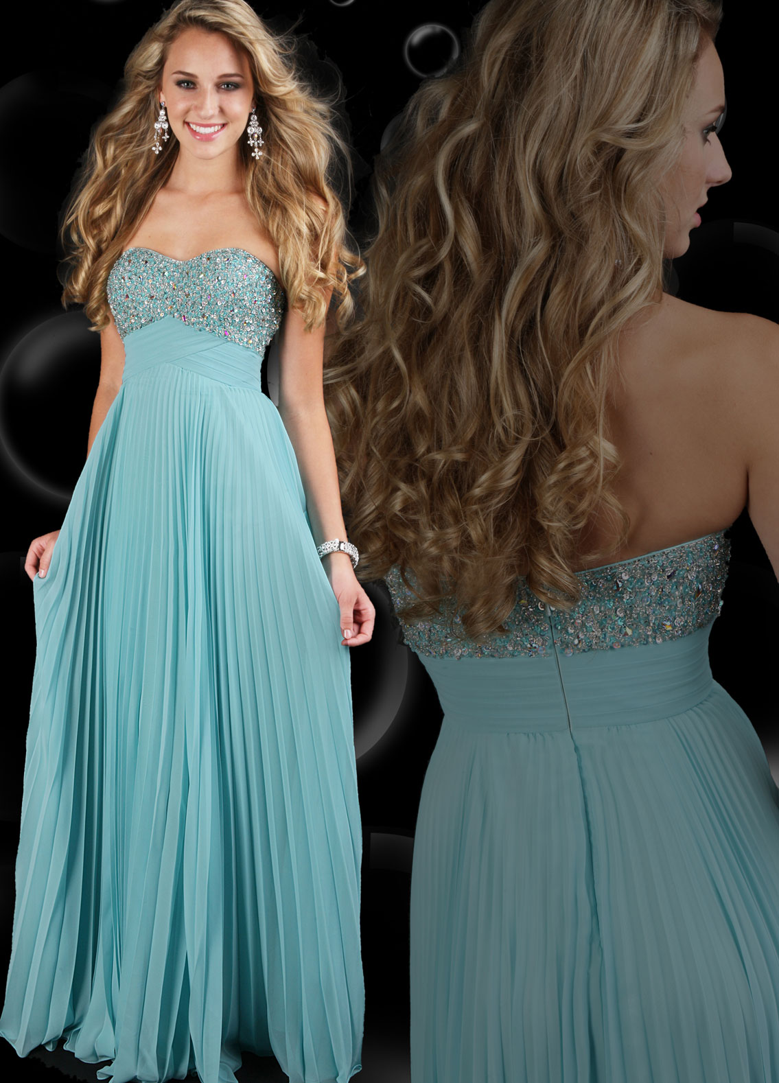 Long pleated blue prom gown