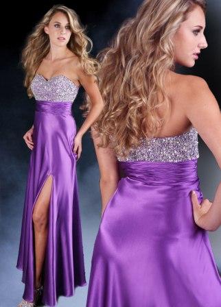 purple silk gown with high side slit