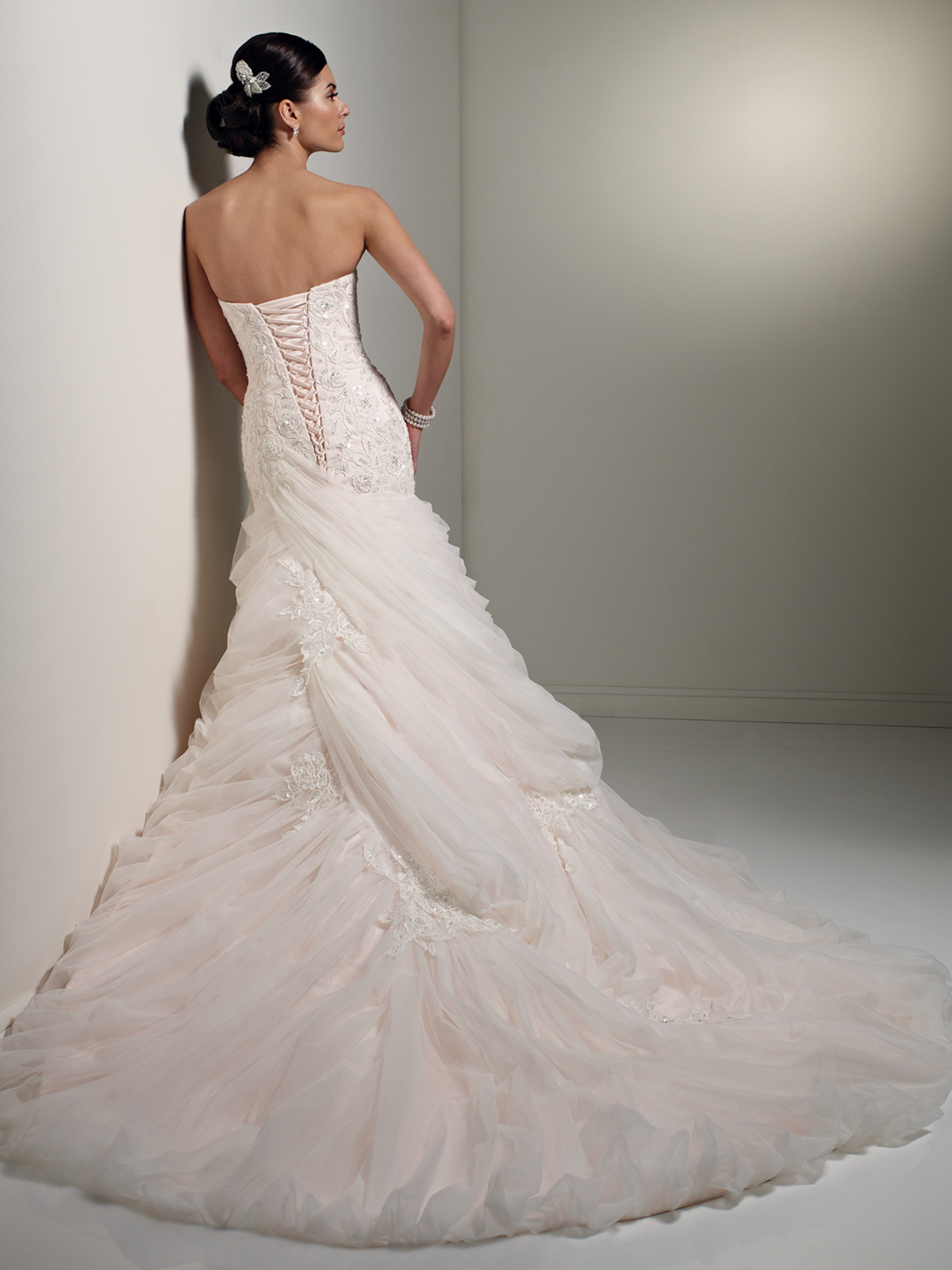lace back wedding dress with draped tulle