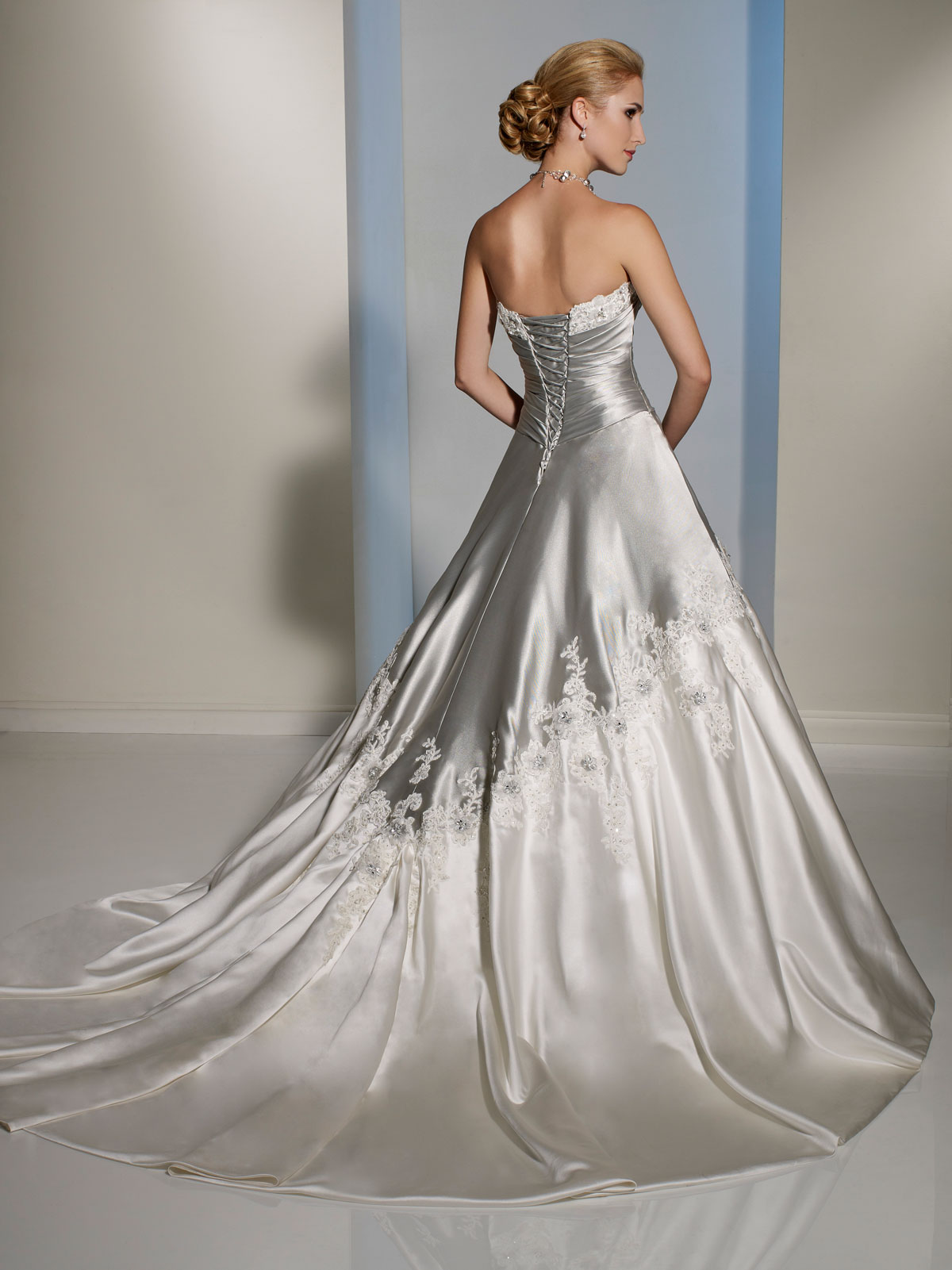 silver and light ivory draped bodice wedding dress