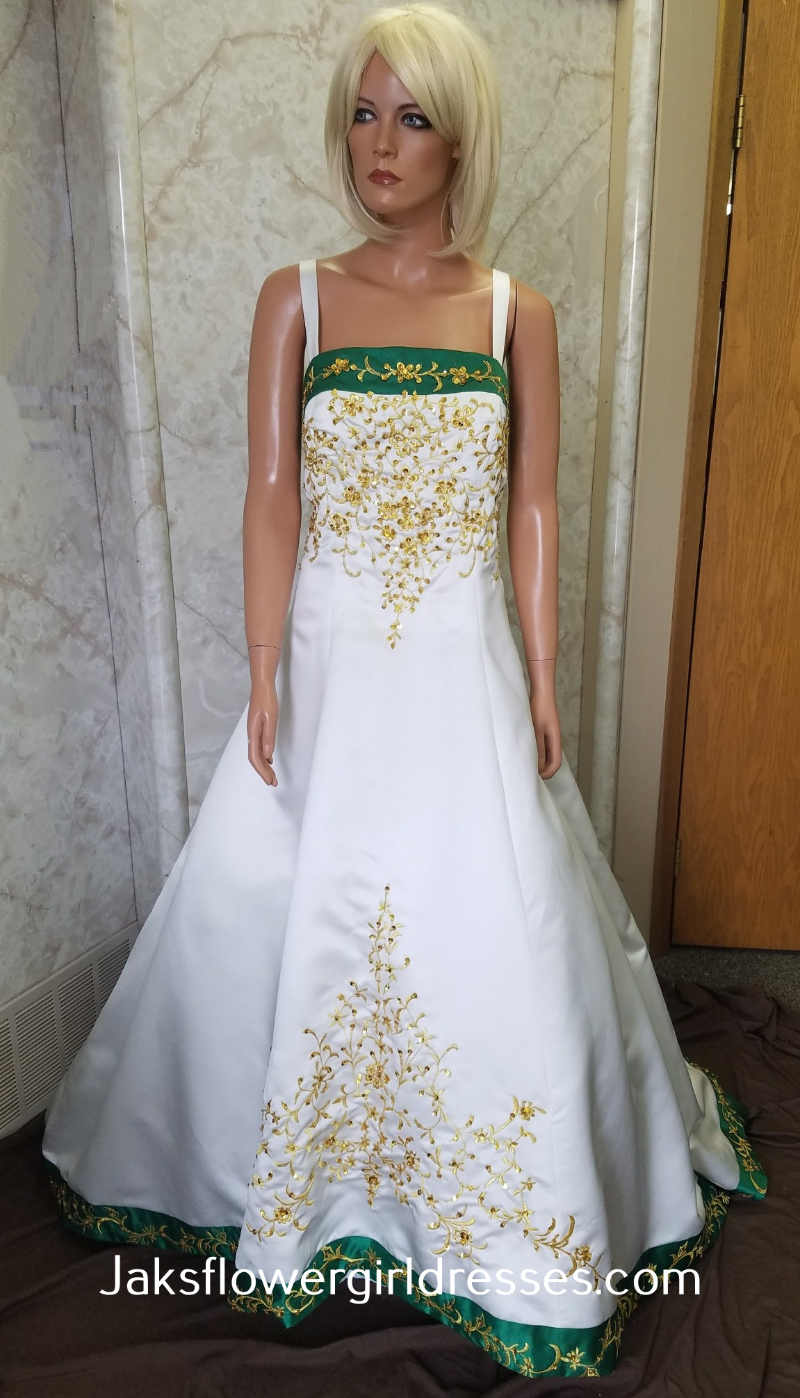 ivory wedding dress with green