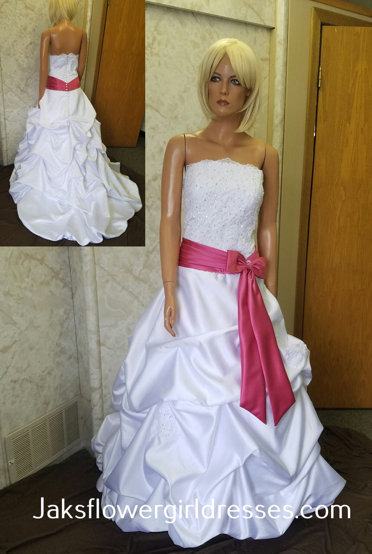white and pink wedding gown