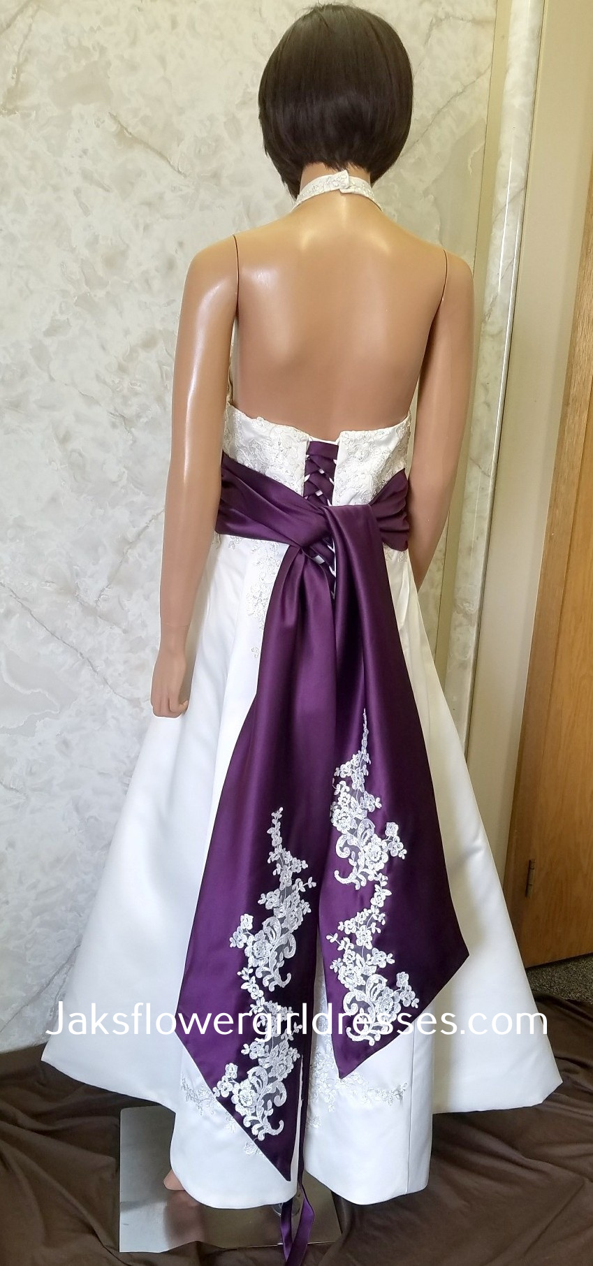 High low lace wedding dress with purple accents