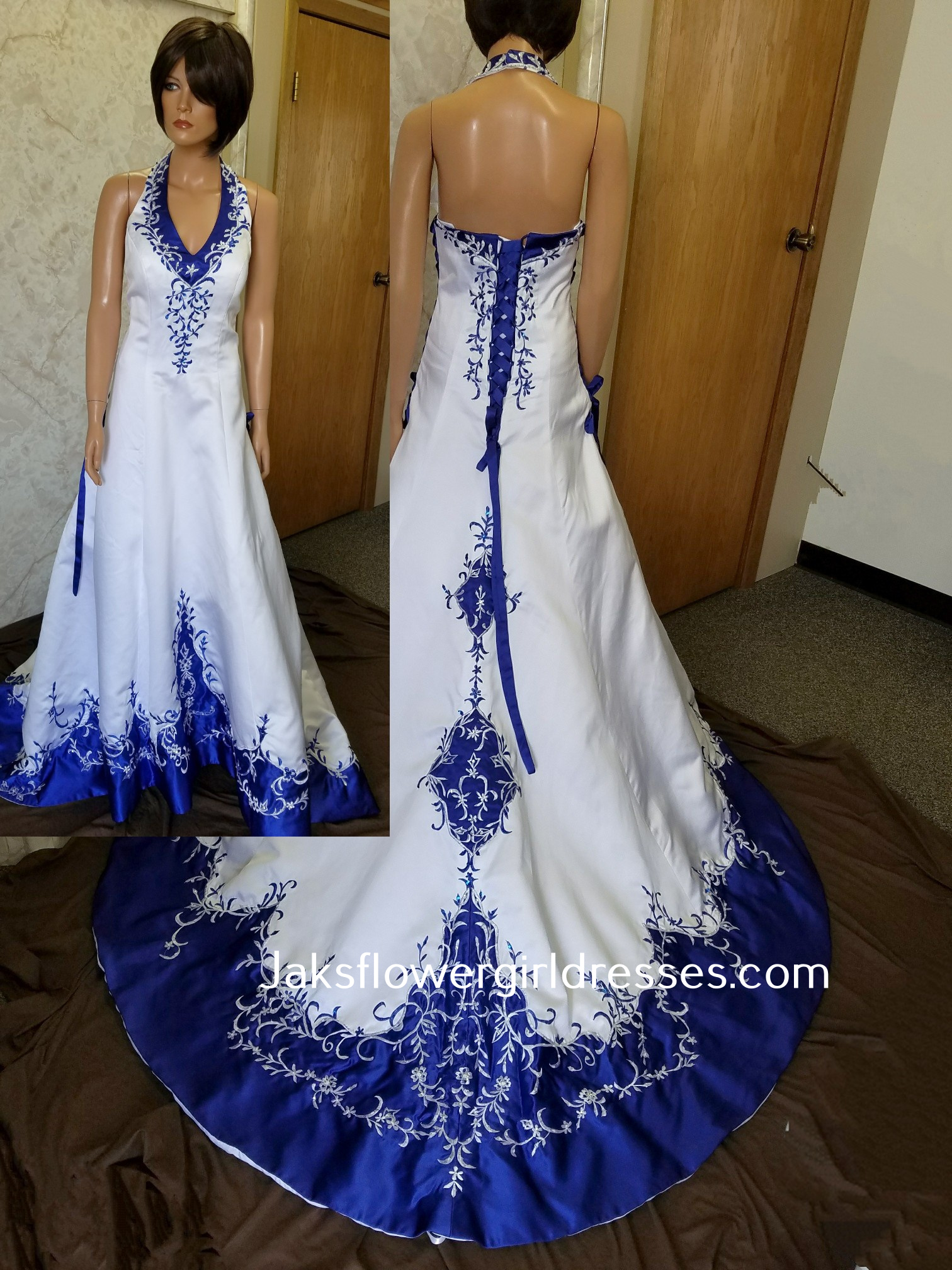 white wedding dress with royal blue