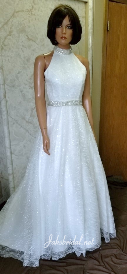 White Beaded High Neck Pageant Gown 