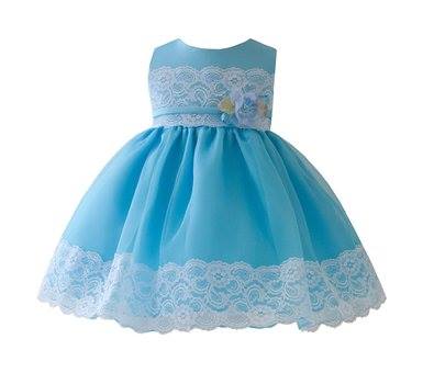turquoise baby dress with white  lace trim on the waist and hemline.