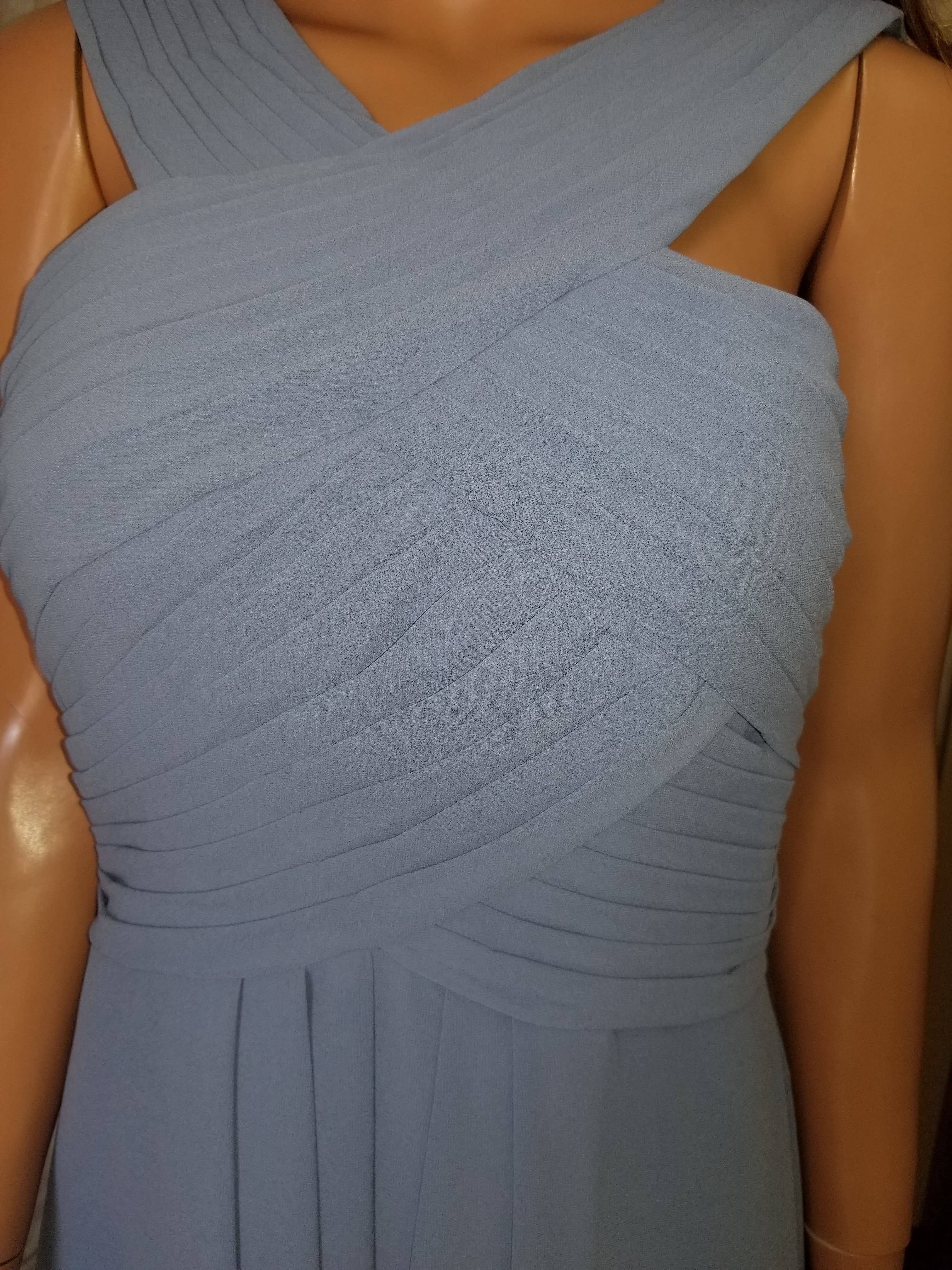 Dusty blue chiffon A-line Bridesmaid Dress with ruched v neck, Floor Length dress.